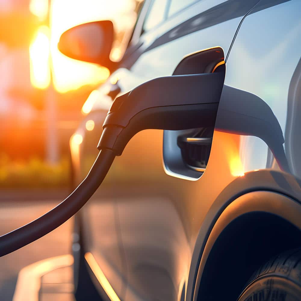 Eco power. electric vehicle charging station with power cable supply plugged station, EV charging station, green energy, blue power, electric energy, technology and EV Car concept. Generative AI