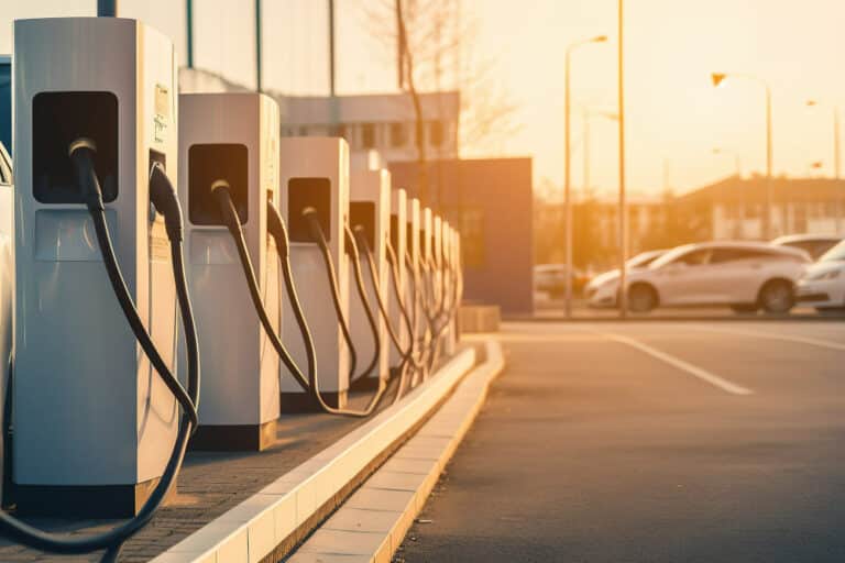 Modern fast electric vehicle chargers for charging car in park